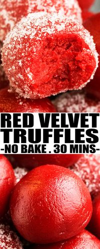 Quick and easy no bake RED VELVET TRUFFLES recipe (red velvet cake truffles) with cream cheese are a bite sized dessert or snack with rich and creamy texture. From cakewhiz.com #truffles #redvelvet #dessert #nobake #sweet #recipes #valentinesday #mothersday