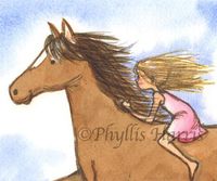 "This little girl is running free as the wind on her favorite horse. There is something so wonderful about feeling the wind blow through your hair while on top of a majestic running horse. This print is from an original watercolor illustration and is lovingly signed by the artist, Phyllis Harris. NOTE: Most of my art is customizable! Please check preferred Hair Color and Dress Color. Also, feel free to convo me if you would like to add text or have a specific request. This 8.5\" x 11\" print is