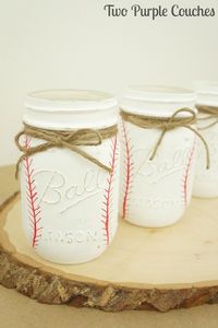 DIY Painted Baseball Mason Jars - two purple couches