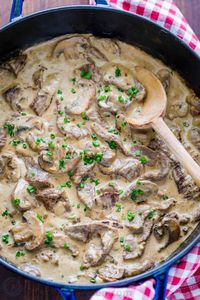 Classic Beef Stroganoff with tender strips of beef and mushrooms in an creamy Stroganoff sauce, served over noodles. An easy, one-pan, 30-minute recipe! #beefstroganoff #beefstroganoffrecipe #stroganoff #beef #beefrecipes #dinner #onepandinner #natashaskitchen