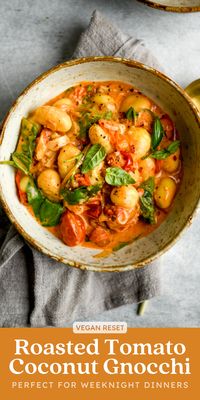 This super easy roasted tomato & coconut gnocchi skillet is fully vegan and made with simple ingredients. The perfect delicious weeknight dinner! If you're looking for your new favorite go to recipe, look no further! With smoked paprika, roasted garlic, cracked black pepper, coconut cream, ginger, fresh thyme, and basil, this gnocchi recipe is fragrant, comforting, and sure to impress your dinner guests!