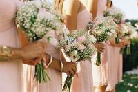 bridesmaids wear blue dresses and hold babies breath pink rose/carnation  and maybe more green bouquets - if not baby's breath alone. Instead of pinks do blue and green.