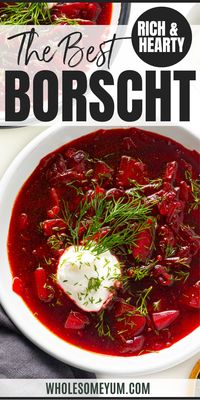 This borscht recipe, a popular Eastern European dish, is a hearty beet soup bursting with earthy root vegetables. Easy to make in 35 minutes! #wholesomeyum