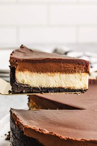 Rich and creamy Chocolate Mousse Cheesecake with an Oreo cookie crust, and layers of cheesecake filling, chocolate mousse and decadent chocolate ganache. 