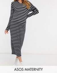 ASOS DESIGN Maternity long sleeve t-shirt midi dress in black and white stripe | ASOS