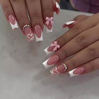 Ballet False Nails Long French Press On Nails With Rhinestone Wearable Coffin Fake Nail Pink Bow