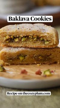 These baklava stuffed cookies are made with sugar cookie dough that gets stuffed with a sweet honey pistachio filling, and the baked buttery cookies get rolled in floral rose sugar for the perfect finish. It’s a unique, flavorful Christmas cookie with tons of flavor!