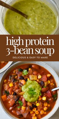 Looking for an easy and healthy plant-based meal idea? This high protein 3-bean soup is vegan, gluten-free, comforting and super delicious! The perfect quick & easy weeknight dinner idea. This soup can be meal prepped for the week ahead and requires only simple ingredients, most of which are pantry staples. #VeganRecipes #EasyRecipes #HealthyDinnerIdeas #PlantBasedRecipes #SoupSeason #SoupRecipe #SoupsAndStews #VegetarianRecipes #Vegetarian