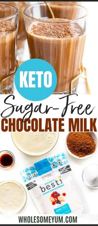 Sugar-Free Keto Chocolate Milk Recipe - Keto chocolate milk tastes sweet & creamy, with only 2.5g net carbs per cup! This easy sugar-free chocolate milk recipe needs just 5 ingredients and 5 minutes to make. #wholesomeyum