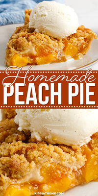 Peach crumble pie has a flaky crust filled with juicy, sweet peaches topped with a crunchy brown sugar crumble, which is the ultimate summer treat. #peachpie #kippiathome