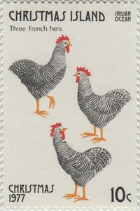 ◙ Christmas Island, Postage Stamp, The Twelve Days of Christmas, Three French Hens. ◙