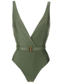 olive green stretch-design gathered detailing plunging V-neck sleeveless front clasp fastening square open back Be mindful to try on swimwear over your own garments.