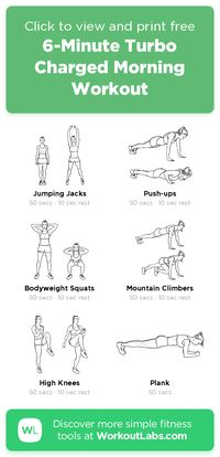 Free workout: 6-Minute Turbo Charged Morning Workout – 7-min abs, chest, legs exercise routine. Try it now or download as a printable PDF! Browse more training plans and create your own exercise programs with #WorkoutLabsFit · #AbsWorkout #ChestWorkout #LegsWorkout