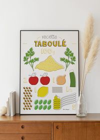 "\"Tabbouleh recipe\" poster, a good summer recipe. Original illustration. A beautiful and colourful poster. Yellow, red, green, we find all the ingredients and the typical colours of this recipe. On the wall, it gives a warm and friendly atmosphere. A gift for yourself or for those who love cooking. ---------------------------------------------------------- 30 x 40 cm Professional digital printing on Olin rough 300g, a white paper with a matte finish, with a warm and soft touch in the colour co