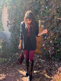 Creating trending fall outfits 2024 can be easy by adding chic staples like a blazer set to your capsule wardrobe! This burgundy blazer outfit is chic and perfect for the fall season. 

Knee high boots, burgundy tights, mini skirt, burgundy top, blazer, burgundy hand bag