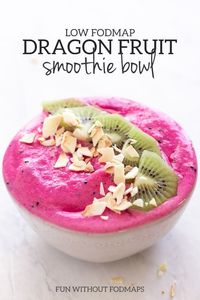 Hot pink (FODMAP-friendly) smoothie bowl? Yes, please! Pretend you're on a tropical getaway with this colorful Low FODMAP Dragon Fruit Smoothie Bowl. | easy low FODMAP recipes at funwithoutfodmaps.com | #lowfodmap #smoothiebowl #dragonfruit #pitaya #plantbased