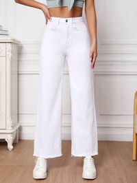 White  Collar  Denim Plain Wide Leg Embellished Non-Stretch  Women Denim