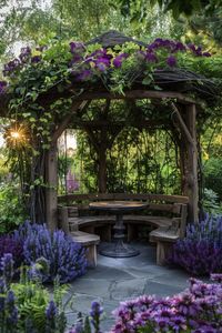 Discover the magic of a hidden garden retreat with this enchanting gazebo covered in vibrant purple blooms and lush greenery. Perfect for quiet moments, reading, or intimate gatherings, this serene spot offers a peaceful escape from the hustle and bustle. Surrounded by beautiful flowers and shaded by a canopy of leaves, it's the ultimate sanctuary for relaxation and inspiration. Pin this to your garden board for ultimate backyard oasis ideas!