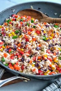 Rainbow Fried Rice (Quinoa or Cauliflower). Easy weeknight meal, perfect recipe to cook with kids. Eat the rainbow! #cookingwithkids #rainbow #friedrice #whatsfordinner #easydinner