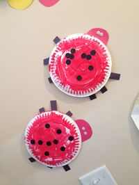 Ladybugs! Toddler craft. Paint a paper plate red. Dot stickers you have colored black. Tape on legs and head. Googly eyes. Works on color words, shapes, counting, bug body parts.