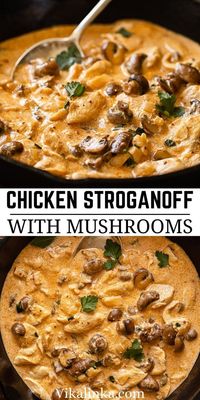 Aug 29, 2021 - Chicken breasts sauteed with butter, cremini mushrooms and a touch of white wine, then hit them with  sour cream for a delicous Chicken Stroganoff!