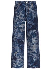 blue cotton blend full jacquard patterned floral print embroidered logo to the rear belt loops classic five pockets wide leg