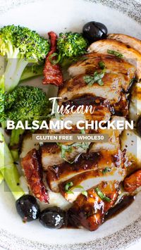 My favorite way to prepare chicken, this easy Balsamic Chicken has only a few ingredients. Try this balsamic vinegar chicken over salads, rice, or with potatoes. Here, I’ve served it over a low carb cauliflower mash with broccoli, and prepared some for my meal prep. | SUNKISSEDKITCHEN.COM | #SunkissedKitchen #easy #whole30 #recipe #video  #skillet #healthy