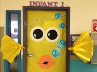 Yellow fish classroom door made with butcher paper, paper plates, and paint.