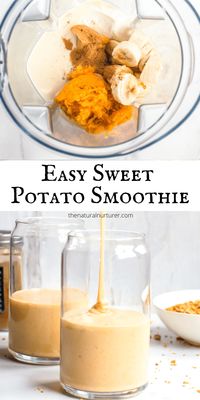 This Sweet Potato Smoothie is a quick, easy, & delicious way to enjoy veggies at breakfast. Made with cooked or canned sweet potatoes & warm spices, it beautifully thick and tastes like dessert! #veggieloaded