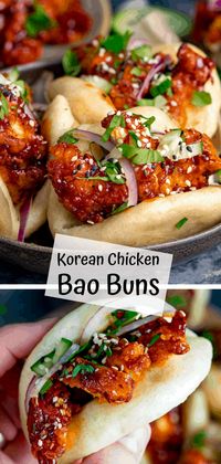 Korean Chicken Bao - foft and fluffy steamed mini bao buns filled with crispy Korean chicken – with full step-by-step instructions. A fantastic party food idea that will really impress your guests! #baobun #chickenbao #koreanchicken #partyfood #gameday #fingerfood