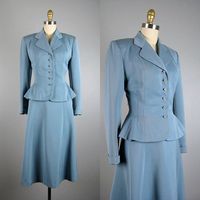 Vintage 1950s Blue Wool Suit 50s Blue Skirt Suit with