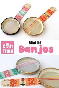 Mini Lid Banjos | #kidscrafts #craftsforkids #kidsactivities #kids #parentings #moms #dads #momlife #inventorsstory #younginventors #womeninventors #dadinventors #kidinventors #inventorslab #inventorsguide #littleinventors #futureinventors #femaleinventors #littleinventorsbigideas #everydayinventor #banjos #music