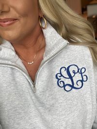 Follow us on Instagram at Southernchicmonogram for tons of samples Complete your preppy look this fall with our monogrammed quarter zip pullover. This sweatshirt is warm enough for those chilly fall days and comfy enough to wear all year! **AES pullover is Ash, Black thread, & Master Circle Font model is a size16/18 and is wearing a 2xl for an oversized look-can wear an xl for a more fitted look **AES with white thread is open octagonal font** **Sorority pullover is Ash, Hot Pink thread, Standard Greek font model is a size16/18 and is wearing a 2xl for an oversized look-can wear an xl for a more fitted look PROFESSIONALLY EMBROIDERED FREE SHIPPING ONCE YOUR ORDER REACHES $100.00 before shipping HOW TO ORDER PERSONALIZATION BOX at checkout 1. Monogram in First LAST Middle order. Your last n