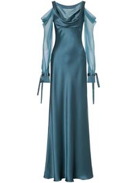 teal blue satin finish sheer panels draped detailing cold-shoulder design cowl neck long sleeves tied cuffs straight hem floor-length