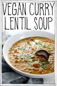 Vegan Curry Lentil Soup! This is an easy hearty and satisfying soup with rich and aromatic spices, and coconut milk. Wonderful freshly made but it also holds up well and gets even better the next day, making it perfect for a make ahead meal. #itdoesnttastelikechicken #vegan #veganrecipe #soup   via @bonappetegan