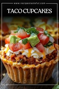 A fun, bite-sized twist on tacos, perfect for parties or easy weeknight dinners! These delicious Taco Cupcakes feature seasoned ground beef, two types of cheese, and are topped with fresh salsa and sour cream.