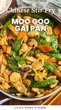 A Chinese takeout favorite, Moo Goo Gai Pan is an easy stir-fry recipe of chicken, mushrooms, and veggies in a simple savory sauce.