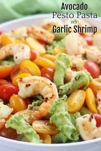 Avocado Pesto Pasta with Garlic Shrimp