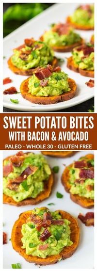 Sweet Potato Bites with Bacon and Avocado. Great finger food for game day and football parties! Paleo, Whole 30, gluten free, dairy free, and DELICIOUS. This easy and healthy baked sweet potato appetizer is always a crowd pleaser!