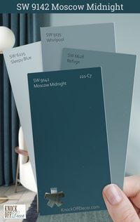 Sherwin-Williams Moscow Midnight is the quintessence of drama in my color toolkit. It thrives with colors that accentuate its depth. Doing that here is SW Refuge, Whirlpool, and Sleepy Blue. Click for ALL my top palette picks in the full review.