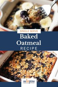 This Easy Baked Oatmeal is the best way to start your day! It's almost like eating a warm oatmeal cookie in a bowl. Naturally sweetened with honey or maple syrup and filled with blueberries or your favorite fruit. This single serve breakfast is baked in one pan for easy cleanup.