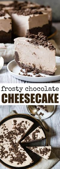 My grandma's famous Frosty Chocolate Cheesecake has a chocolate cookie crust and a creamy chocolate cheesecake filling. And it's best served ice cold! Pinned over 7,200 times!