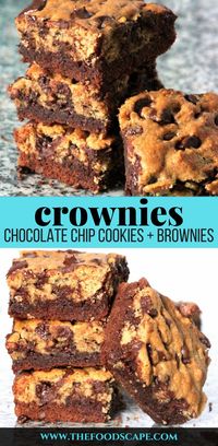 Can't decide between Chocolate Chip Cookies and gooey fudgy Brownies? Why not have both in these heavenly Crownies! Gooey brownie layer topped with a crunchy, crackling chocolate chip cookie layer - a chocolate lover's dream! Chocolate Dessert Recipe. #Crownies #Brookies #Brownies #ChocolateChipCookies #Chocolate #Desserts #Recipes