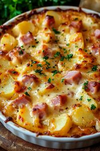 "Indulge in the creamy comfort of **Ham and Potato Au Gratin**! This easy, cheesy casserole combines tender potatoes, savory ham, and a rich, golden sauce baked to perfection. Perfect for holiday dinners, potlucks, or a cozy family meal, this classic recipe is a guaranteed crowd-pleaser. Try this irresistible dish today!"