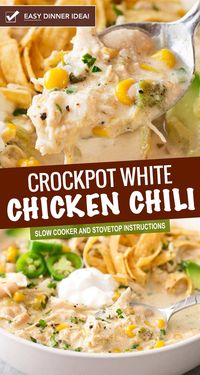 This contest-winning crockpot white chicken chili is made easy in the slow cooker, and has just the right amount of spice to warm up your night! #chickenchili #whitechickenchili #chili #chicken #easyrecipe #dinner #comfortfood #slowcooker #crockpot