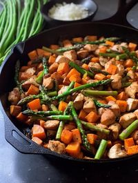 Savory Asparagus, Sweet Potato, and Chicken Skillet