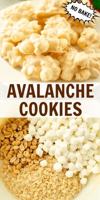 No Bake Avalanche Cookies - easy no bake cookie! Rice Krispies, peanuts, and marshmallows covered in marshmallows and peanut butter. Great Christmas cookies!