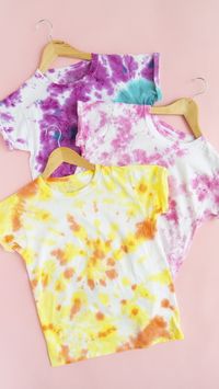 These DIY tie dye T-shirts are inspired by our favorite sweet treats: cotton candy, citrus swirl sherbet, and pink double bubblegum! #sponsored #tulipcolorcrafts #kidscrafts #tiedye #kidsstyle