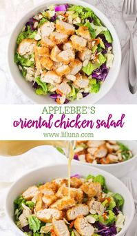 This delicious copycat Applebee's Oriental Chicken Salad is topped with breaded chicken and tossed in a flavorful Asian dressing! #applebeescopycatorientalchickensalad #orientalsalad #applebeescopycat #salad #easysalads