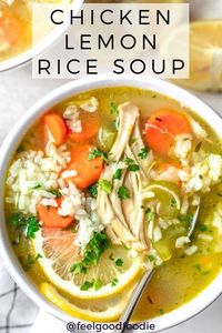 Similar to Chicken Noodle Soup, this Chicken Lemon Rice Soup is a cozy and comforting recipe full of hearty vegetables, chicken and a homemade lemony broth! | Soup Recipes | Chicken Soup | Healthy Soup | Simple Recipes #chickensoup #souprecipes #healthysoup #lemonsoup #feelgoodfoodie